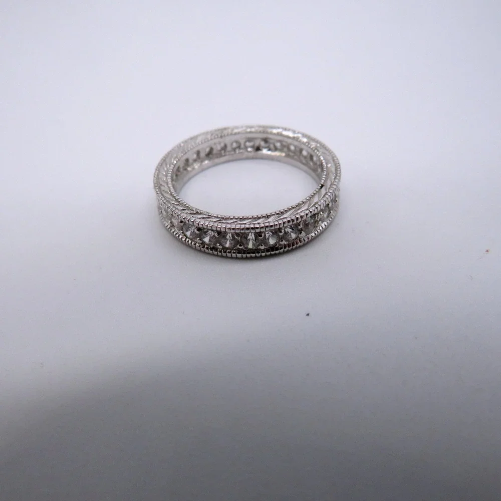 Silver Tone Eternity Band Ring Milgrain Clear Stone Size 6.5